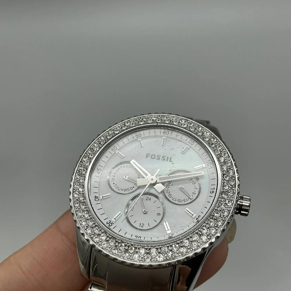 Fossil PR5414 Womens Watch 38mm MOP Dial Silver Tone Crystals New Battery 7.25